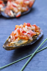 mussels vinaigrette on board