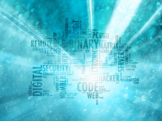 Conceptual internet or web binary code blue color word cloud with bright bokeh nature blurry light background.