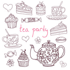 Sketches  hand-drawn tea party elements. Vector illustration.
