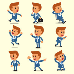 Cartoon businessman character poses on yellow background for design.