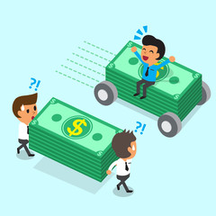 Cartoon businessman sitting on money stack with wheels move faster than business team for design.