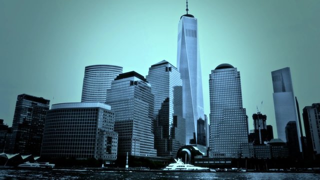 Manhattan skyline. South west of Manhattan seen from Hudson river. Freedom tower.
