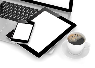Laptop, phone, tablet pc and coffee.