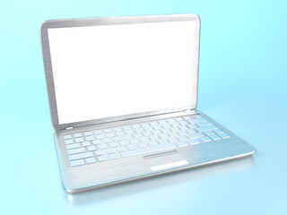 Modern laptop PC on glass table and blue background