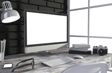 Fototapeta premium 3D illustration PC screen on table in office, Workspace