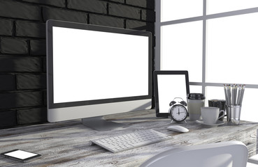 Fototapeta premium 3D illustration PC screen on table in office, Workspace