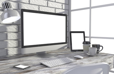 Fototapeta premium 3D illustration PC screen on table in office, Workspace
