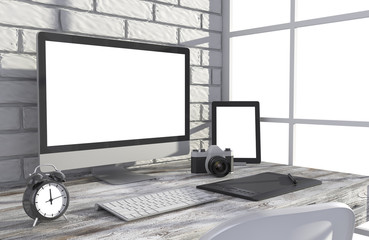 Fototapeta premium 3D illustration PC screen on table in office, Workspace