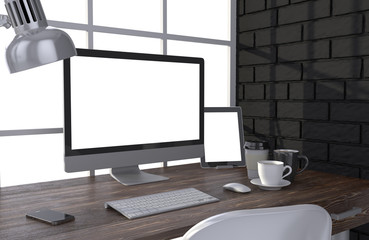 3D illustration PC screen on table in office, Workspace