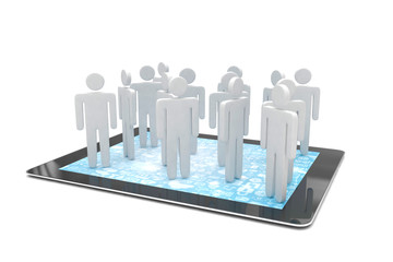 group of people figures on tablet PC, 3d render