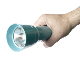 A man's hand holding a flashlight. Isolated on a white background.