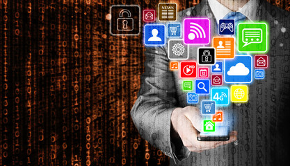 Business man using smart phone with social media icon set