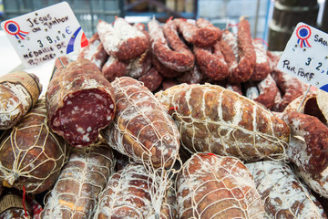 Traditional hand-made sausage at the market in Antibes en Provnece, France