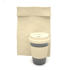 Coffee to go and lunch bag, on white.
