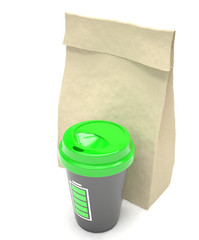 Coffee to go and lunch bag, on white.