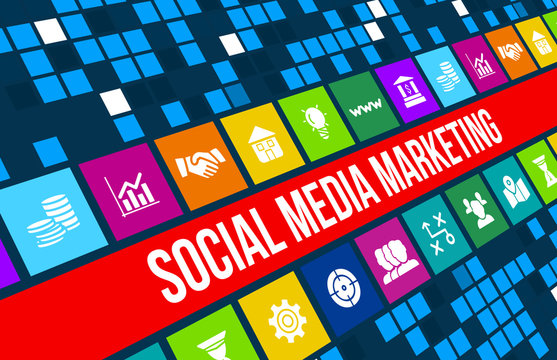 Social media marketing concept image with business icons and copyspace.