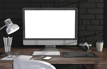 Fototapeta premium 3D illustration PC screen on table in office, Workspace