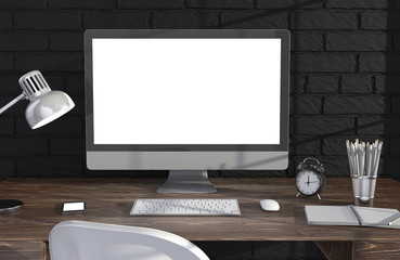 Fototapeta premium 3D illustration PC screen on table in office, Workspace