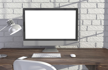 Fototapeta premium 3D illustration PC screen on table in office, Workspace