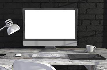 Fototapeta premium 3D illustration PC screen on table in office, Workspace