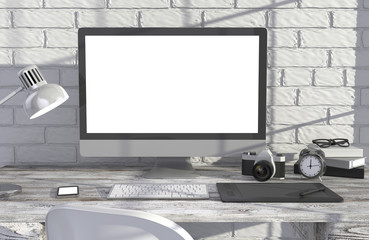 Fototapeta premium 3D illustration PC screen on table in office, Workspace