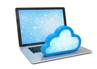 Laptop with cloud computing symbol on keyboard. 3d render