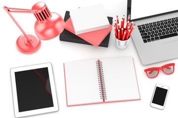 laptop and office stuff, workplace, top view