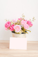 Pastel Artificial Pink Rose in flower pot and white paper card
