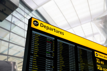 Flight information, arrival, departure at the airport, London, UK