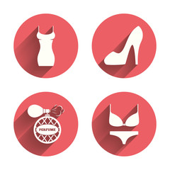 Women dress icon. Sexy shoe sign. Perfume.