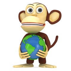 3d funny monkey with earth globe