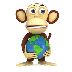3d funny monkey with earth globe
