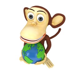 3d funny monkey with earth globe