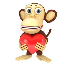 3d funny monkey with red heart