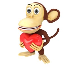 3d funny monkey with red heart