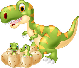 Happy mother dinosaur with baby dinosaur hatching