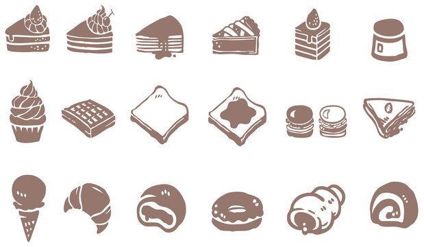 Doodle dessert sweet icon cake cupcake pie donuts crepe roll waffle pudding macaroon ice cream crepe croissant bread by vector