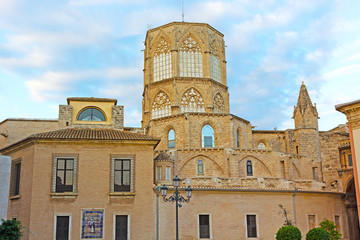 The Metropolitan Cathedral–Basilica of the Assumption of Our Lady of Valencia, Spain. An octagonal tower of the cathedral in the early morning.