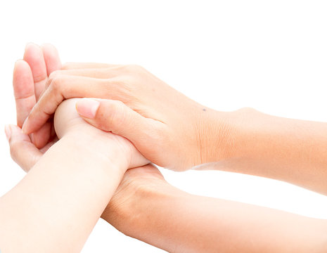 Close up of woman hand holding young man hand