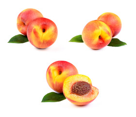 Set of Fresh Peach Fruits with Green Leaf Isolated on White Back