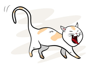 Cat, a hand drawn vector illustration of a cute cat yawning, isolated on a simple background (editable).