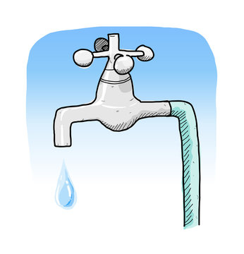Faucet, a hand drawn vector illustration of a faucet with a water dripping, isolated on a simple gradient background (editable).