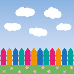 cartoon background with color fence and clouds