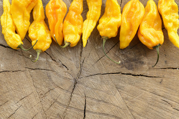 Fatalii yellow hot peppers on a wooden background arranged at the top with space for content on bottom.