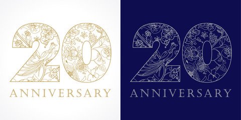 20 anniversary vintage logo. Template logo 20th anniversary in ethnic patterns and birds of paradise. 
