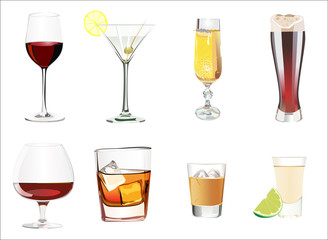 Set of different alcoholic cocktails isolated on white background