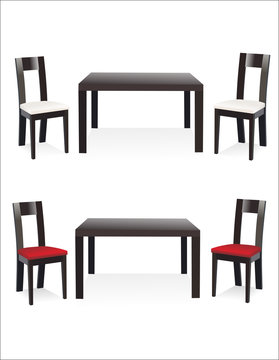 Modern table with two chairs on white background.