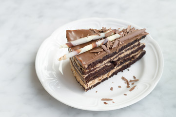Slice of chocolate cake on plate, selective focus