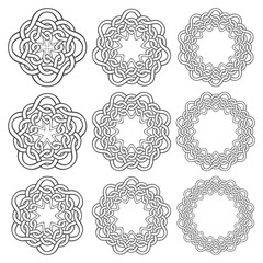 Set of magic knotting circles. Nine annular decorative elements with stripes braiding for your design.