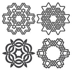 Knotting logo template set. 4 hexagonal decorative symbols with stripes braiding for your design.
